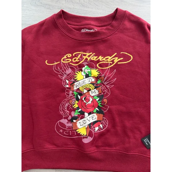 Ed Hardy Women's Medium Red True To My Love Tattoo Graphic Cropped Sweatshirt - Image 2