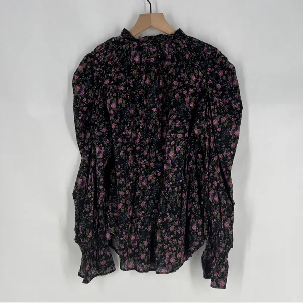 Free People Meant To Be Black Floral Print Full Mutton‎ Sleeve Peasant Blouse M - Image 9