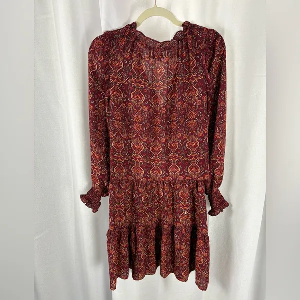 Max Studio Burgundy Tiered Shift‎ Floral Print Smocked Paisley Dress Medium EUC - Image 4