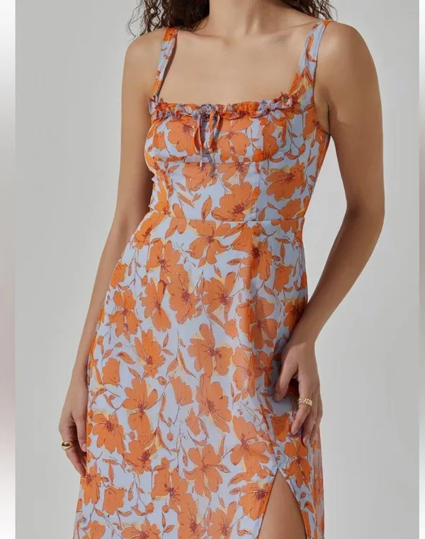 Astr The Label Medium Orange Blue Floral Square Neck Midi Dress - Image 3