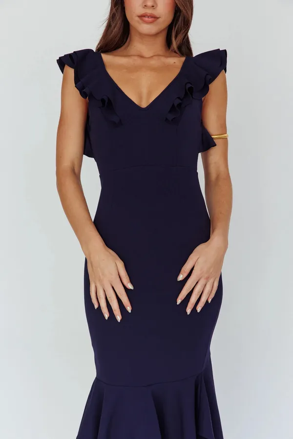 Selfie Leslie Pearl Ruffle Strap High-Low Hem Dress Navy - Image 3