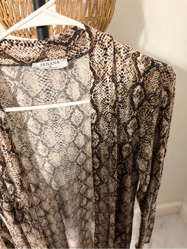 Zenana Outfitters Brown and Cream Snake Print Open Front Cardigan - Image 3