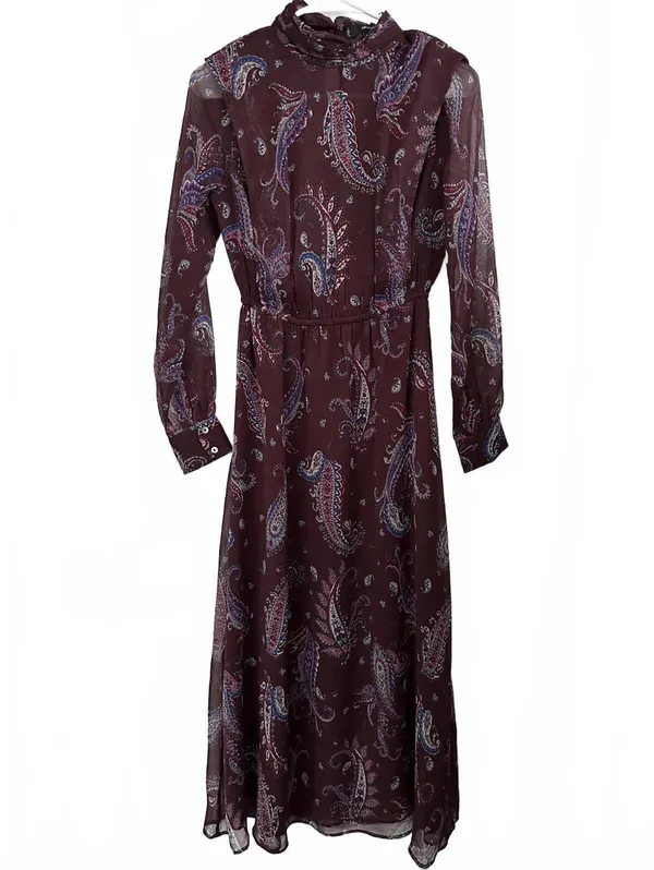 Mango Long Sleeve Flowy Paisley-Print Dress Midi Sandy Maroon NWT Size 2/XS - Image 7
