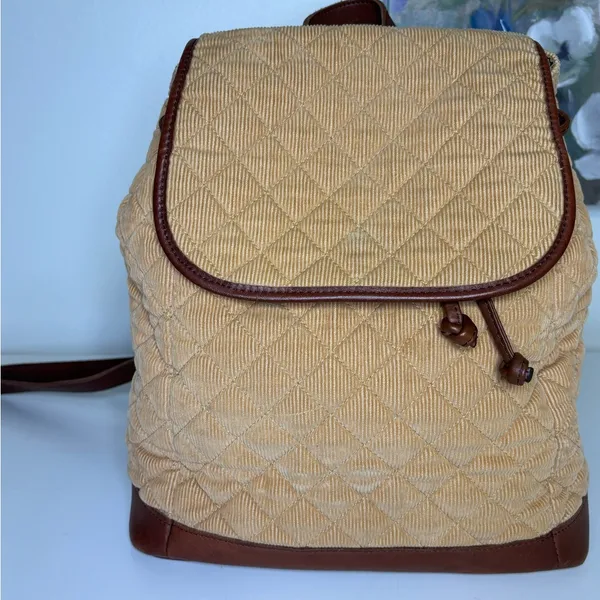 LL Bean Tan Corduroy and Lather Backpack Purse - Image 4