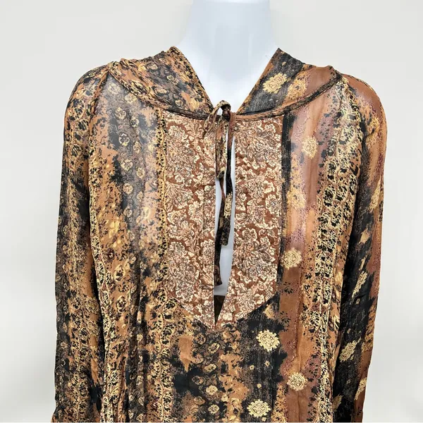 Faded Glory Brown and Gold Patterned Hoodie Tunic Blouse/Mini Dress Size S (4-6) - Image 2