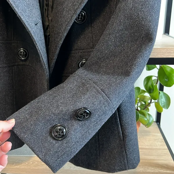 Giacca Button Front Wool Blend Heavy Weight Pea Coat w/Hood & Pockets, S - Image 5