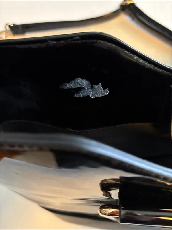 Black Patent Leather Shoulder Bag Has Gold Toned Handles Too!Very Good Condition - Image 10