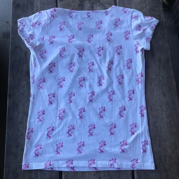 Disney Womens‎ Tee Size Large Minnie Mouse Glitter V-Neck White Pink Top Shirt - Image 4