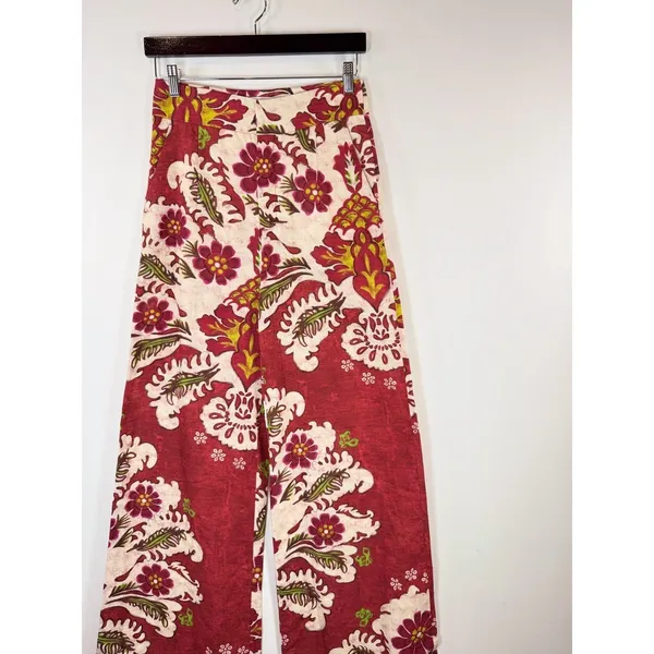 ZARA Womens Pants Red Floral Wide Leg Linen Blend Pleated Trouser Boho Small - Image 7