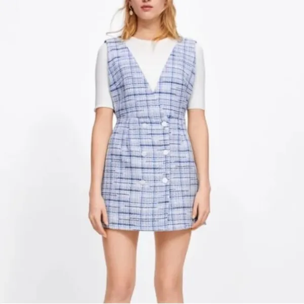 ZARA Blue and White Tweed Plaid Pinafore Mini Dress Medium Double Breasted - Image 4