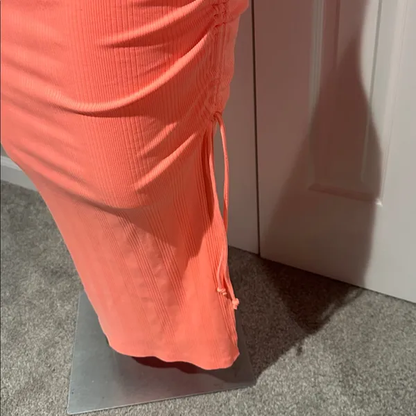 Aerie Neon Orange Ruched Ribbed Midi Dress with side slit size small‎ - Image 5