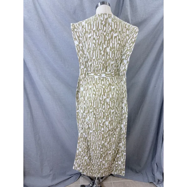 MIRTH‎ Olive Block Print Cotton Midi Dress Kantha Stitch Integrated Belt L - Image 4