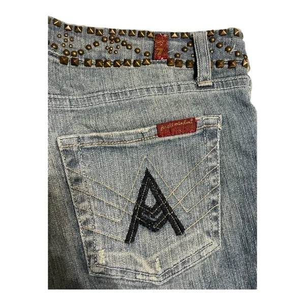 7 For All Mankind Flare Sz 28 Blue Studded Waist Distressed dark Havana jeans - Image 7
