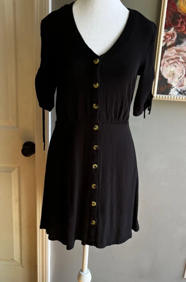 H&M Size 4 Black Blouse Dress Half Sleeve Mid Length V Neck Casual Button Down - Image 2