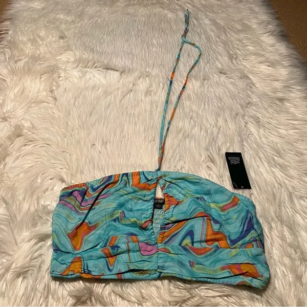 Wild Fable Women's Size XS Swirl Marble Halter Crop Top Aqua Blue Woven Smocked - Image 4