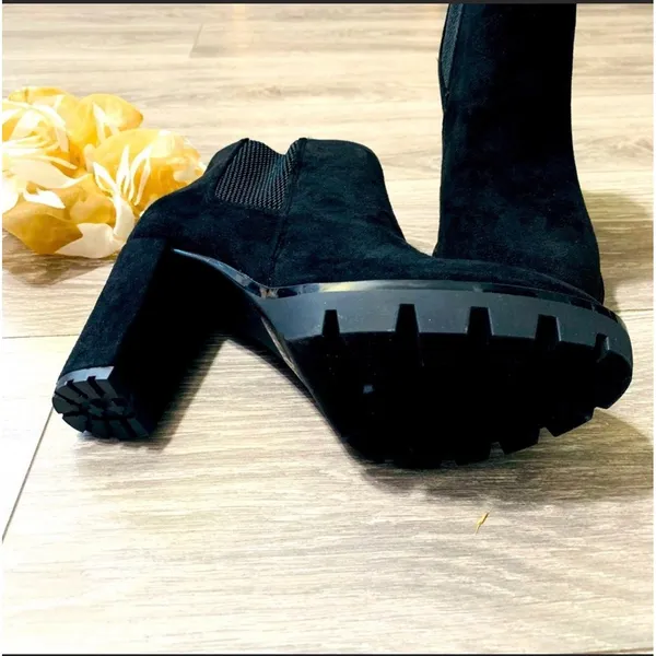 Women‎ New Black Faux Suede Lugged Block Heeled Boots Elastic Band Pull On 7.5 - Image 5