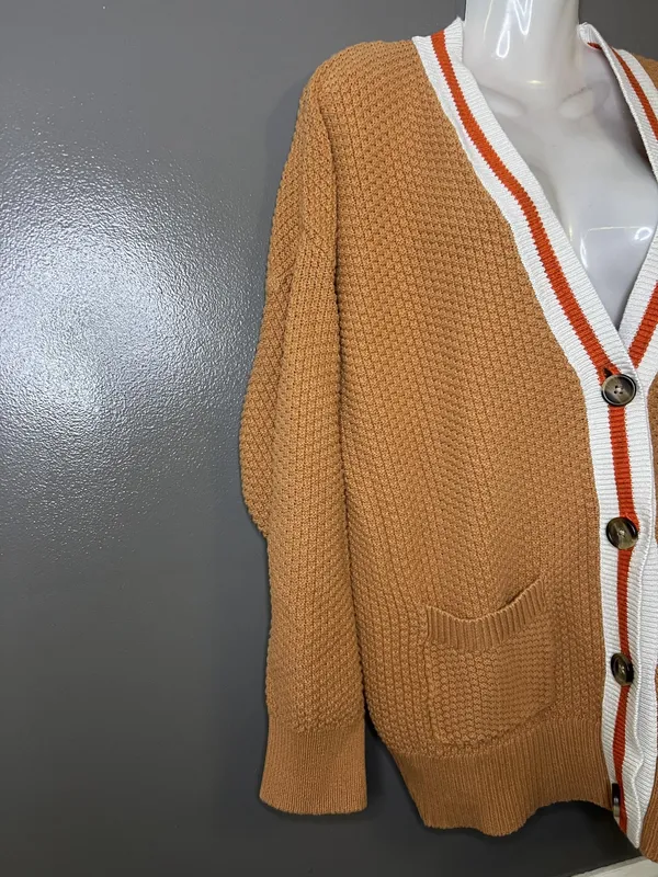 Aerie Cardigan Sweater Womens Medium Brown Waffle Knit V Neck Varsity 06 Pockets - Image 3