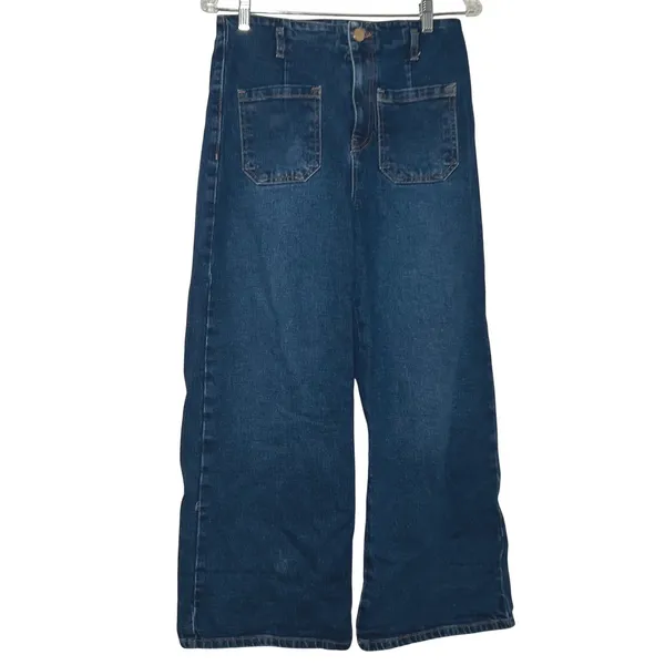 Zara Womens High Waisted Wide Leg Patch Pocket Jeans Blue Denim Size 8 cropped - Image 2