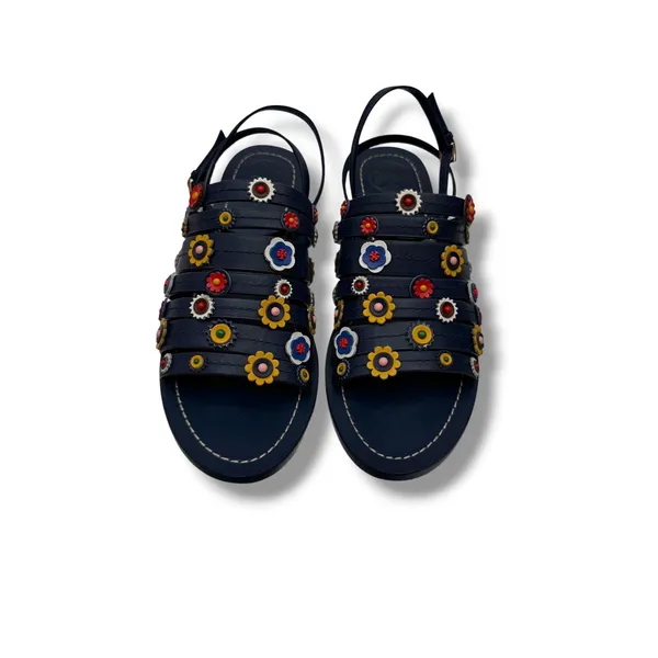 Tory Burch Marguerite Sandals 8 Navy Leather Floral Summer Casual‎ Boho - Image 2