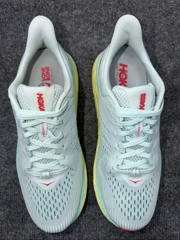 Hoka Clifton 7 running shoes in the Morning Mist and Hot Coral colorway size 10D - Image 9