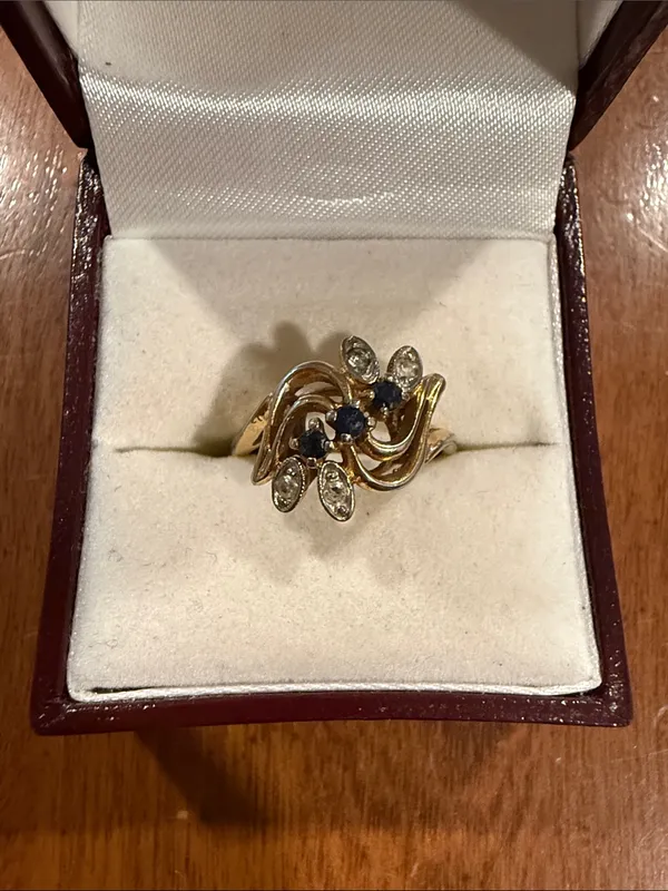 Vintage 14 KT GE ESPO Floral Blue Sapphire Accent Ring with CZ Size 6 - Image 5