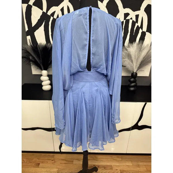 ASOS Design Blue Chiffon Mini Dress Belted Plunge Long Sleeve NWT US 4 - Image 7