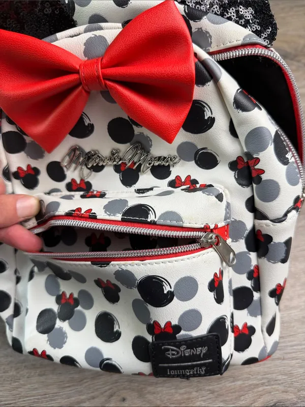 Loungefly Disney Minnie Mouse Mini Backpack Red Bow Black Sequin Ears Vegan - Image 12