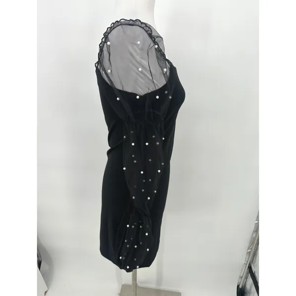 Thirty/Thirty‎ Mini Dress M Black Sheer Pearl Bodycon Party Cocktail Romantic - Image 6