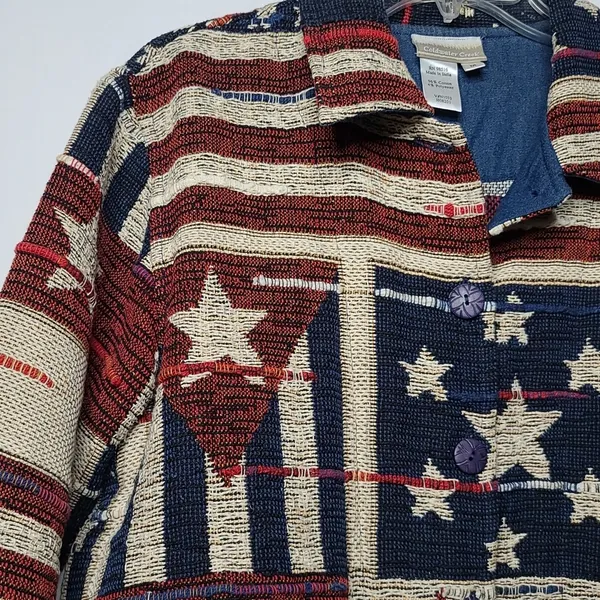 Coldwater Creek Vintage Tapestry patriotic american flag stripes stars jacket M - Image 5
