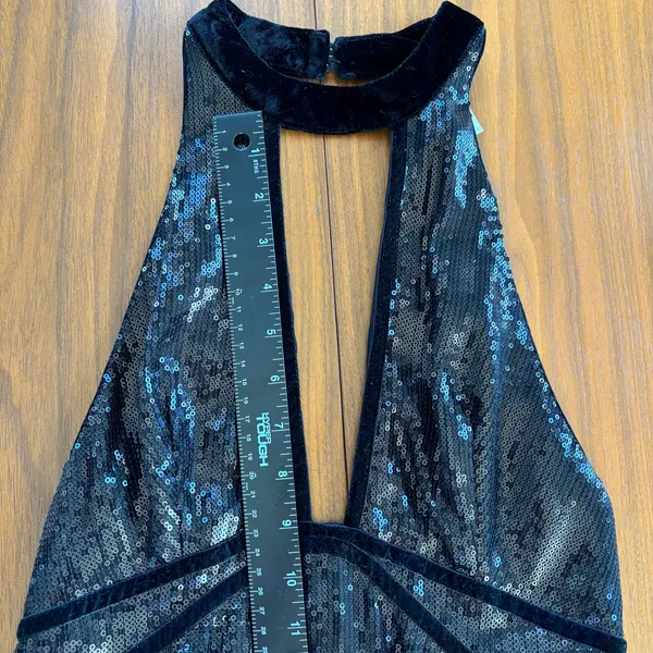Free‎ People Film Noir Black Sequin Halter Mini Dress Velvet Trim Open Back US 2 - Image 4