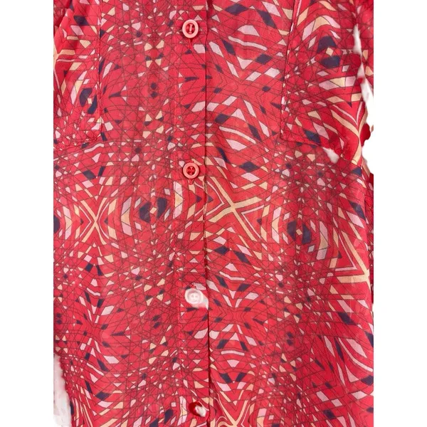 Free People Bright Red/Pink Boho Slouchy Sheer Hi Low Button Up Top S - Image 8