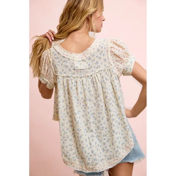 BiBi Floral Crinkle Neckdrop Short Sleeve‎ Blouse Top - Large - Image 7