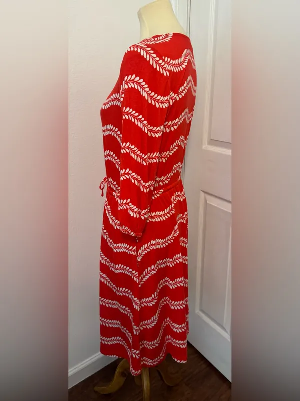 BODEN Talia Red Jersey Dress Leaf Striped Print 3/4 Sleeves Drawstring Waist 8 - Image 3