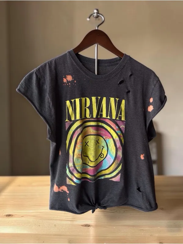 NIRVANA Black Tie-Front distressed tee with Multicolor Smiley Graphic - Image 4