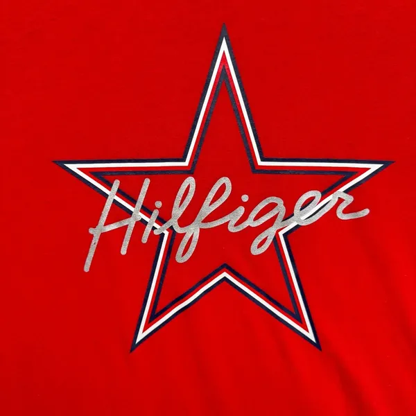 Tommy Hilfiger Red Ringer Tee with Navy & White Logo Star Cap Sleeves Slim Fit - Image 3