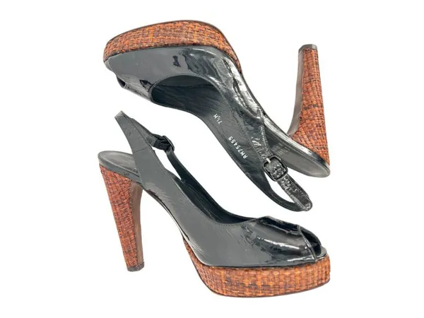 Stuart Weitzman Patent Leather Slingback Peep-Toe Woven Rattan Heel Size 7.5 - Image 5