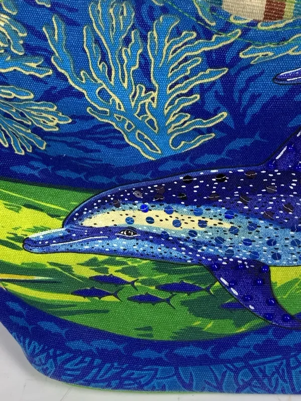 Guy Harvey Dolphin Sequin Tote Bag Blue Green Beach Resort Ocean Coral 14x10 - Image 4