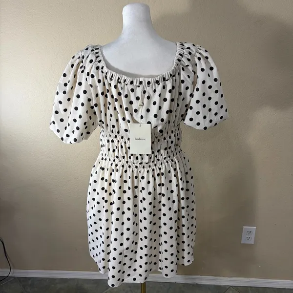 Bohme Polka Dot Black & Ivory Mini SunDress SZ- M NWT Beachy Cottagecore Peasant - Image 7