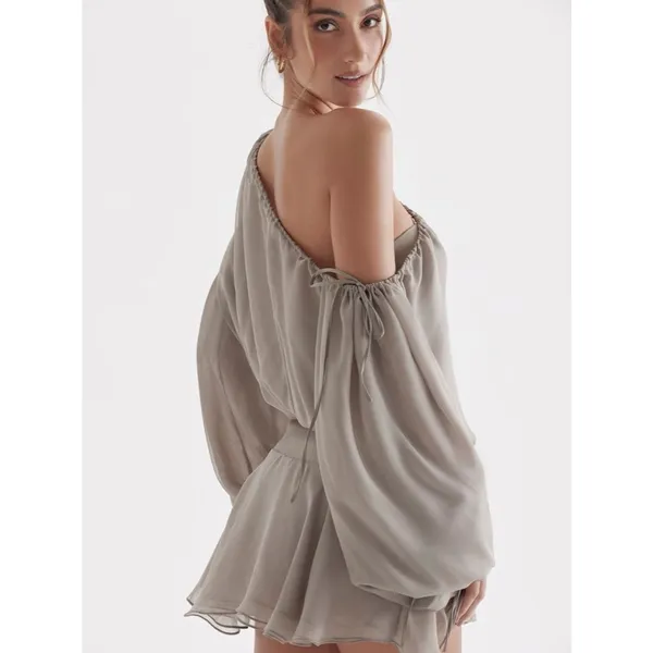 House of CB Off-Shoulder Chiffon Mini Dress XS - Ash Green - Image 3