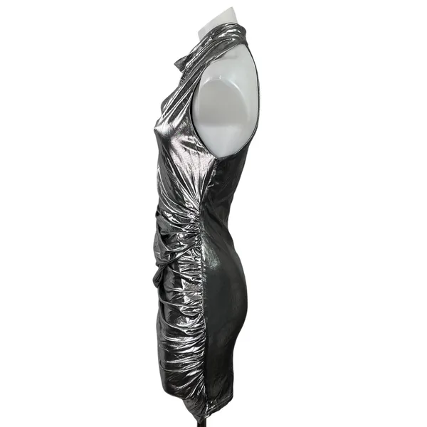 Superdown Nyla Women's Gray Sleeveless Metallic Ruched Bodycon Mini Dress Sz S - Image 2