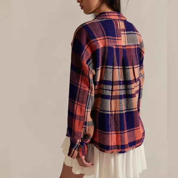 Free People We The Free Cozy In Plaid Button Down Shirt Navy Sabrina Plaid - NWT - Image 3