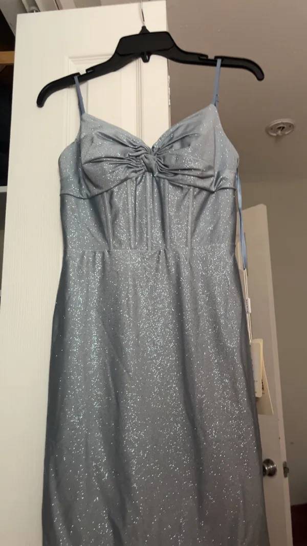 Stacees dusty blue, glittery, mid-length dress, with corset rib design, and knot design on chest, with bra padding built in. - Image 4