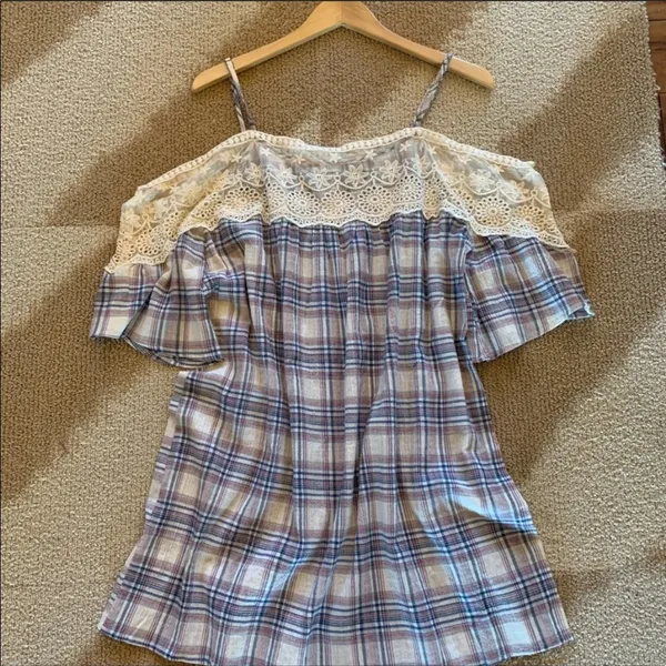 Soiéblu Cold Shoulder Lace Trim Plaid Dress Size Small - Image 6
