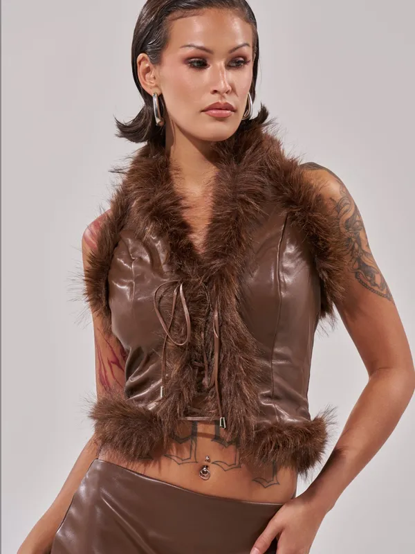 Faux Leather Brown Fur-Trim Vest - Image 3