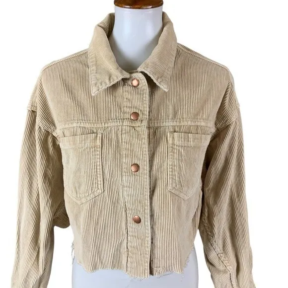 BDG Beige Corduroy‎ Cropped Jacket Small Button Front Long Sleeve Raw Hem - Image 2