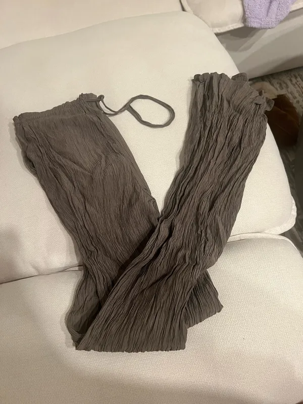 Zara Dark Olive Green Textured Loose Flowy Flare Pants Drawstring Boho Trousers - Image 10