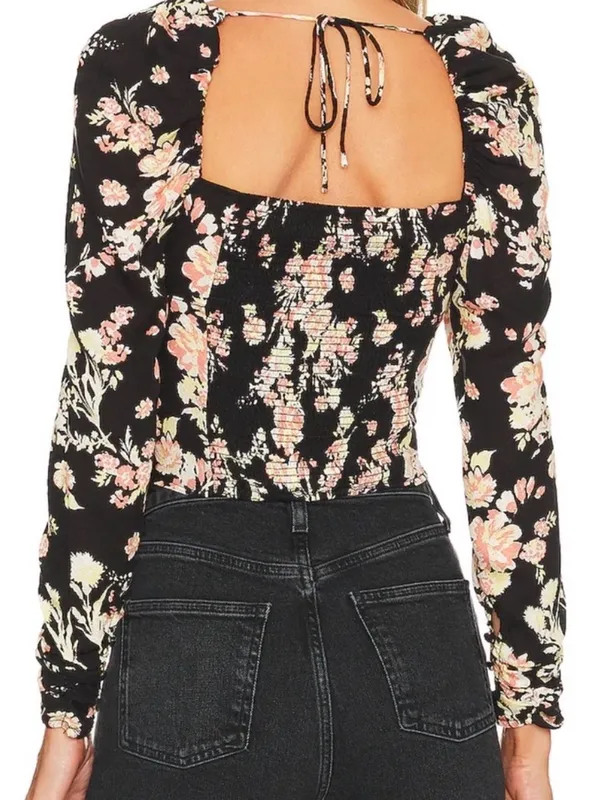 Free People Black Boho Floral Print Long Sleeve W/ Smock Detail Viscose Top NWT - Image 4