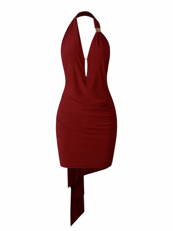 Asymmetrical Halter Deep Burgundy Cocktail Dress - Image 6