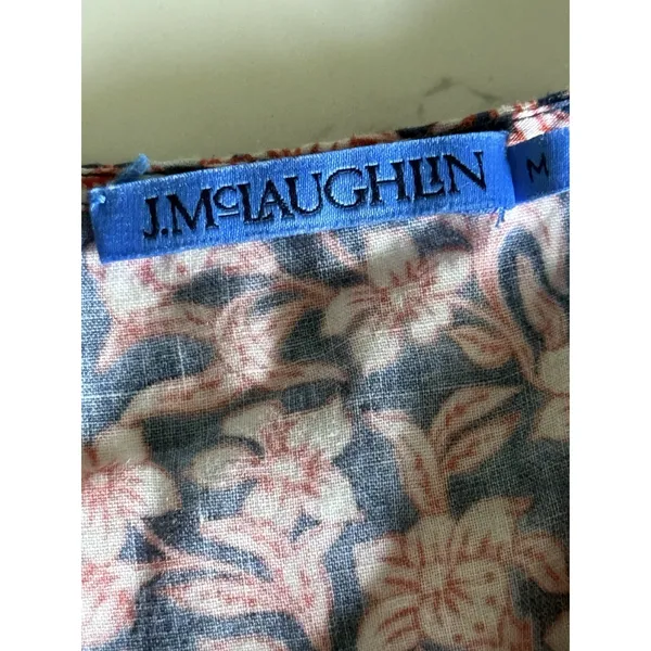 J. McLaughlin Floral Peasant Blouse Medium Blue Pink Balloon Sleeve Notch Neck - Image 3