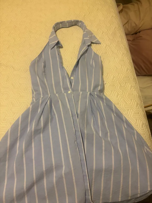 Lulus Posh Beauty Light Blue Striped Collared Halter Mini Skater Dress - Image 4